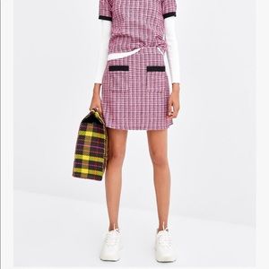 Zara Black Pink Stretchy Tweed Plaid Skirt